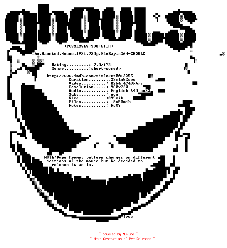NFO for the release The.Haunted.House.1921.720p.BluRay.x264-GHOULS by GHOULS
