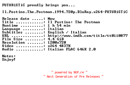 NFO for the release Il.Postino.The.Postman.1994.720p.BluRay.x264-FUTURiSTiC by FUTURiSTiC