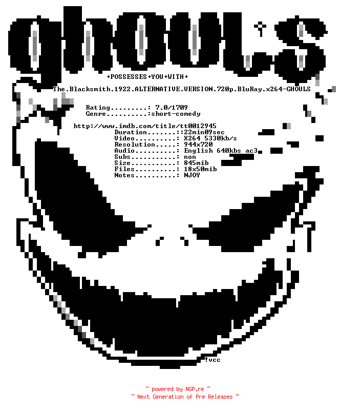 NFO for the release The.Blacksmith.1922.ALTERNATIVE.VERSION.720p.BluRay.x264-GHOULS by GHOULS