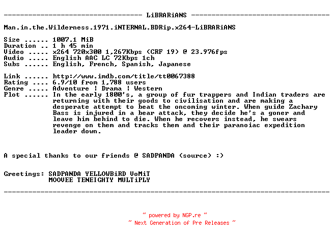 NFO for the release Man.in.the.Wilderness.1971.iNTERNAL.BDRip.x264-LiBRARiANS by LiBRARiANS