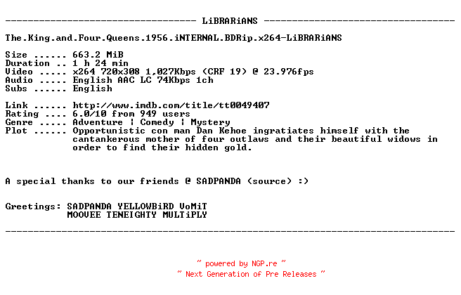NFO for the release The.King.and.Four.Queens.1956.iNTERNAL.BDRip.x264-LiBRARiANS by LiBRARiANS