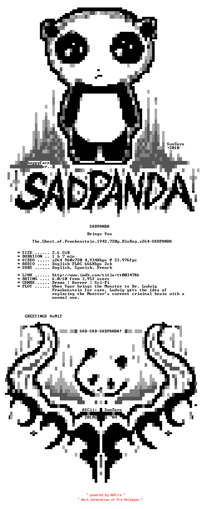 NFO for the release The.Ghost.of.Frankenstein.1942.720p.BluRay.x264-SADPANDA by SADPANDA