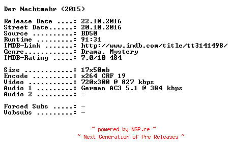 NFO for the release Der.Nachtmahr.German.2015.AC3.BDRip.x264-SPiCY by SPiCY