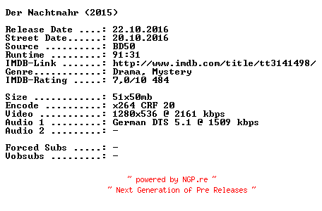 NFO for the release Der.Nachtmahr.2015.German.720p.BluRay.x264-SPiCY by SPiCY