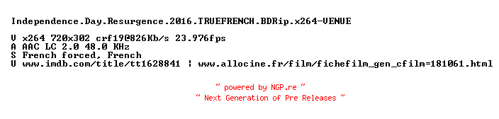 NFO for the release Independence.Day.Resurgence.2016.TRUEFRENCH.BDRip.x264-VENUE by VENUE