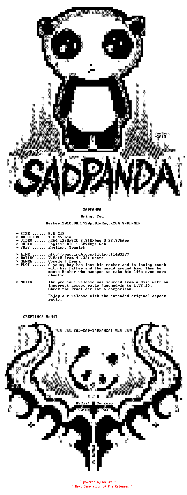 NFO for the release Hesher.2010.OAR.720p.BluRay.x264-SADPANDA by SADPANDA