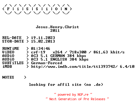 NFO for the release Jesus.Henry.Christ.German.2011.DL.BDRiP.x264.iNTERNAL-FiSSiON by FiSSiON