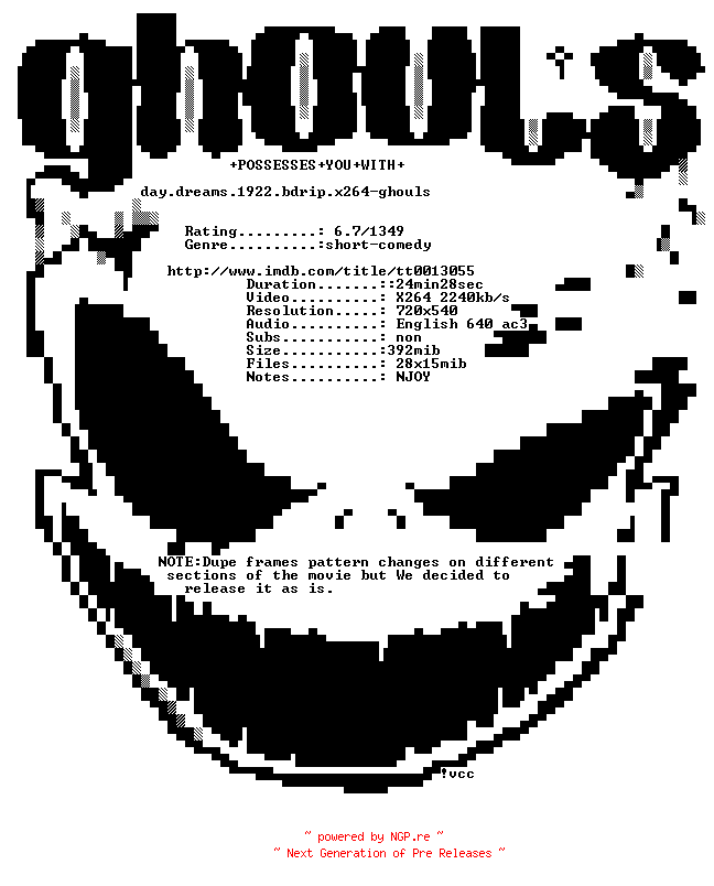 NFO for the release Day.Dreams.1922.BDRip.x264-GHOULS by GHOULS