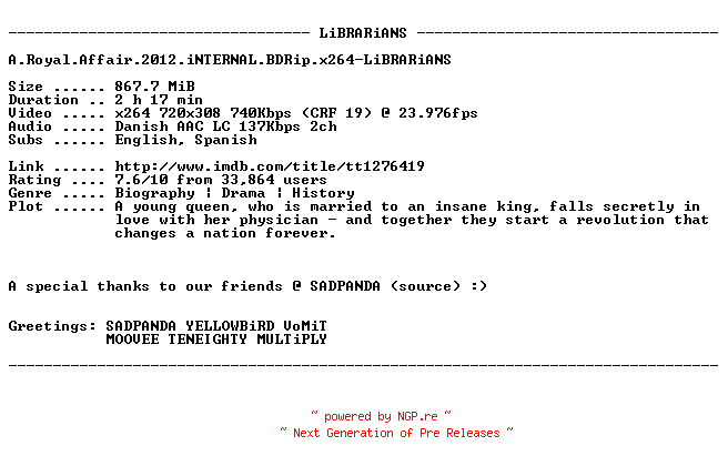 NFO for the release A.Royal.Affair.2012.iNTERNAL.BDRip.x264-LiBRARiANS by LiBRARiANS