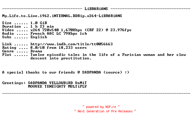 NFO for the release My.Life.to.Live.1962.iNTERNAL.BDRip.x264-LiBRARiANS by LiBRARiANS