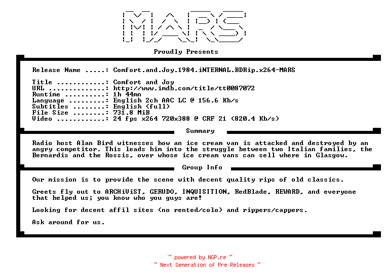 NFO for the release Comfort.and.Joy.1984.iNTERNAL.BDRip.x264-MARS by MARS