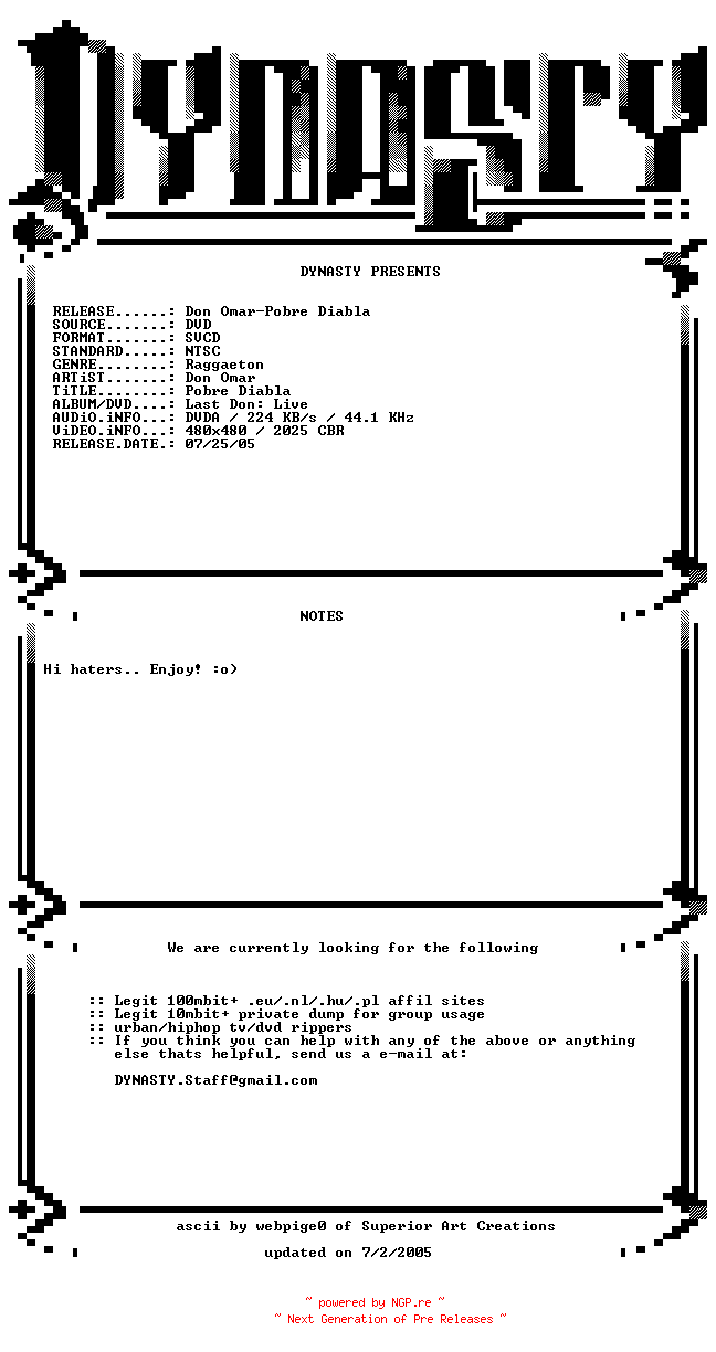 NFO for the release Don_Omar-Pobre_Diabla-SP-DVDRiP-SVCD-2004-DYNASTY by DYNASTY