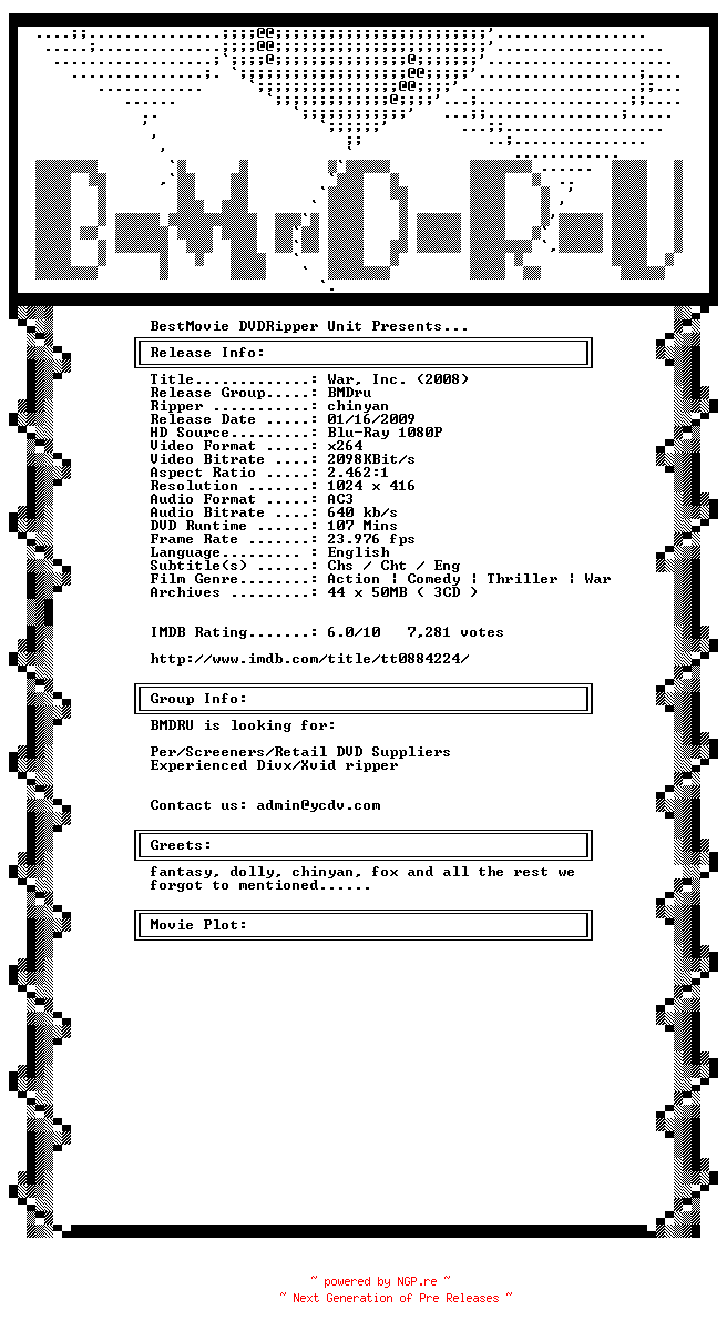NFO for the release War.Inc.2008.BDRip.X264-BMDru by BMDru