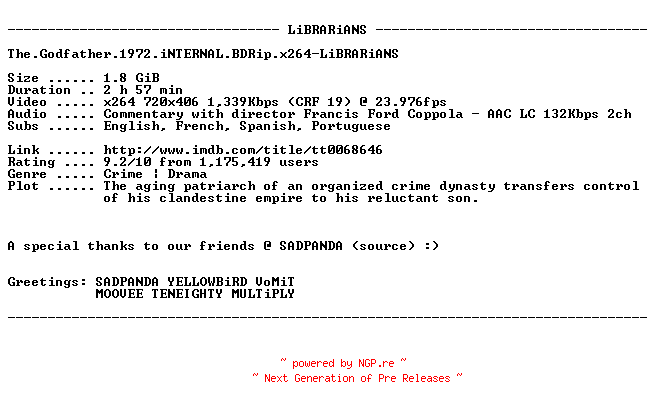 NFO for the release The.Godfather.1972.iNTERNAL.BDRip.x264-LiBRARiANS by LiBRARiANS