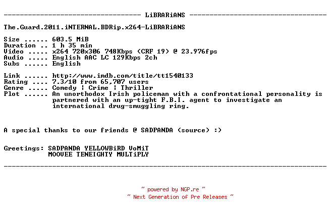 NFO for the release The.Guard.2011.iNTERNAL.BDRip.x264-LiBRARiANS by LiBRARiANS