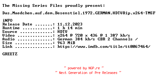 NFO for the release Das.Maedchen.auf.dem.Besenstiel.1972.GERMAN.HDTVRip.x264-TMSF by TMSF