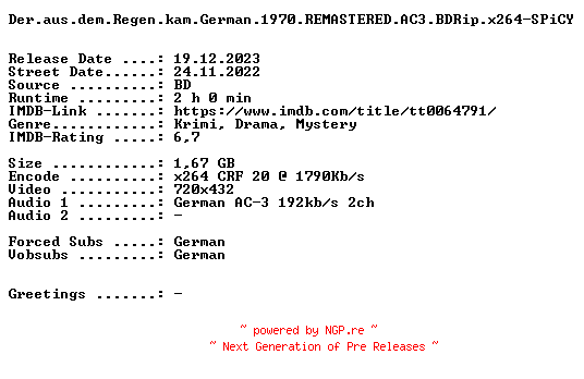 NFO for the release Der.aus.dem.Regen.kam.German.1970.REMASTERED.AC3.BDRip.x264-SPiCY by SPiCY