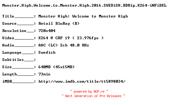 NFO for the release Monster.High.Welcome.to.Monster.High.2016.SWEDiSH.BDRip.X264-iNFiDEL by iNFiDEL