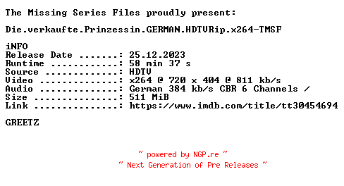 NFO for the release Die.verkaufte.Prinzessin.2023.GERMAN.HDTVRip.x264-TMSF by TMSF