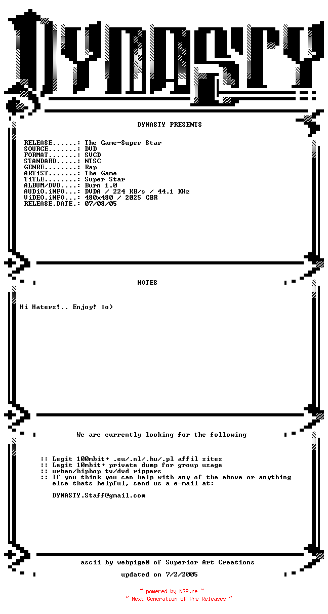 NFO for the release The_Game-Super_Star-DVDRiP-SVCD-2005-DYNASTY by DYNASTY