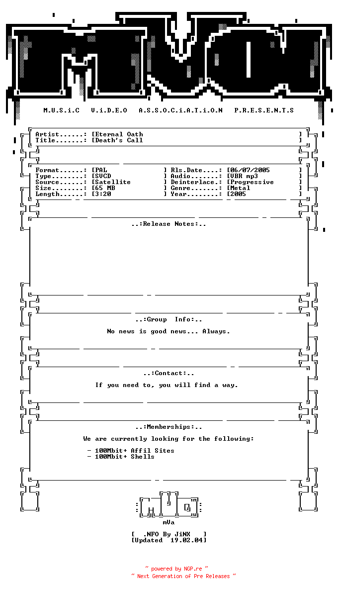 NFO for the release Eternal_oath-deaths_call-svcd-2005-mVa by mVa