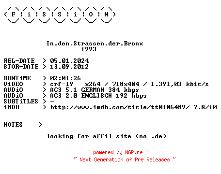 NFO for the release In.den.Strassen.der.Bronx.German.1993.DL.BDRiP.x264.iNTERNAL-FiSSiON by FiSSiON