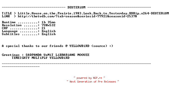 NFO for the release Little.House.on.the.Prairie.1983.Look.Back.to.Yesterday.BDRip.x264-DEUTERiUM by DEUTERiUM