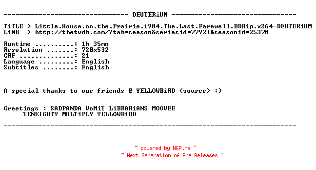 NFO for the release Little.House.on.the.Prairie.1984.The.Last.Farewell.BDRip.x264-DEUTERiUM by DEUTERiUM