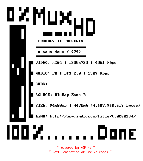 NFO for the release A.Nous.Deux.1979.FRENCH.720p.BluRay.x264-MUxHD by MUxHD