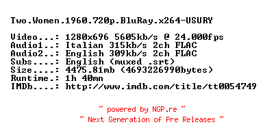 NFO for the release Two.Women.1960.720p.BluRay.x264-USURY by USURY
