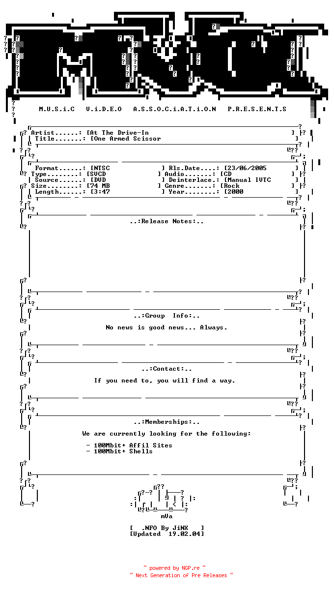NFO for the release At_the_drive-in-one_armed_scissor-dvdrip-svcd-2000-mVa by mVa