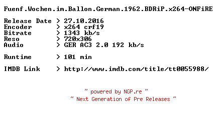 NFO for the release Fuenf.Wochen.im.Ballon.German.1962.BDRiP.x264.REPACK-ONFiRE by ONFiRE