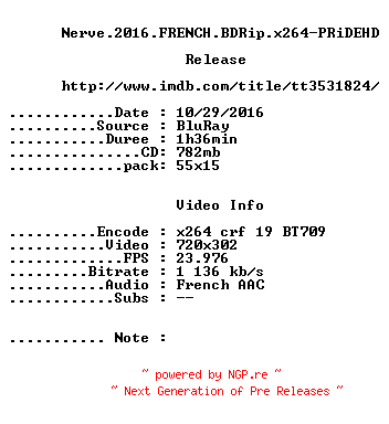 NFO for the release Nerve.2016.FRENCH.BDRip.x264-PRiDEHD by PRiDEHD