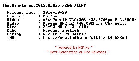 NFO for the release The.Himalayas.2015.BDRip.x264-KEBAP by KEBAP