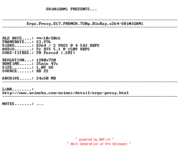 NFO for the release Ergo.Proxy.E17.FRENCH.720p.BluRay.x264-SHiNiGAMi by SHiNiGAMi