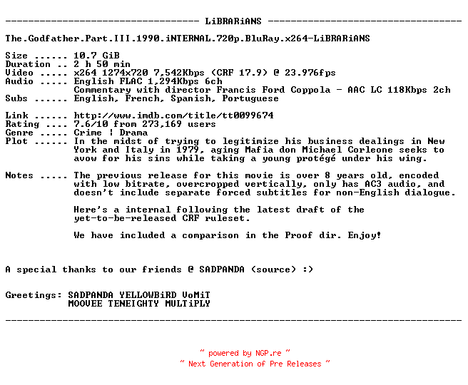 NFO for the release The.Godfather.Part.III.1990.iNTERNAL.720p.BluRay.x264-LiBRARiANS by LiBRARiANS