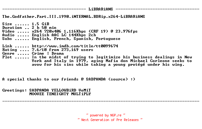 NFO for the release The.Godfather.Part.III.1990.iNTERNAL.BDRip.x264-LiBRARiANS by LiBRARiANS