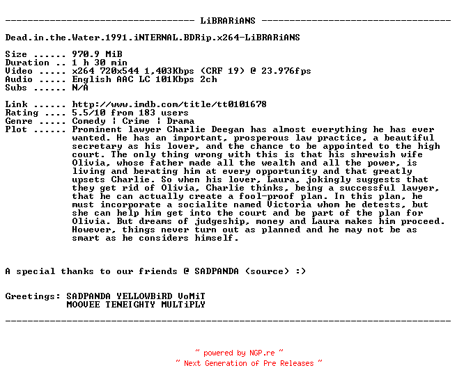 NFO for the release Dead.in.the.Water.1991.iNTERNAL.BDRip.x264-LiBRARiANS by LiBRARiANS