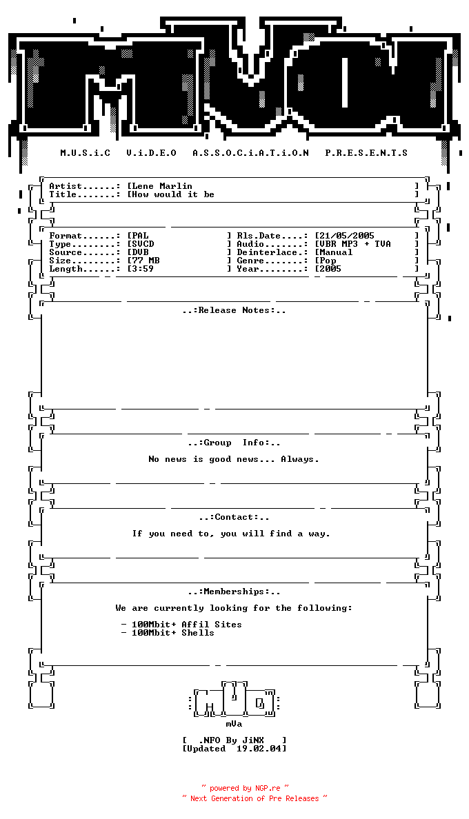 NFO for the release Lene_marlin-how_would_it_be-svcd-2005-mVa by mVa