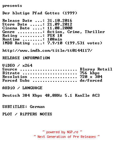 NFO for the release Der.blutige.Pfad.Gottes.German.1999.AC3.BDRip.x264.iNTERNAL-KULTFiLME by KULTFiLME