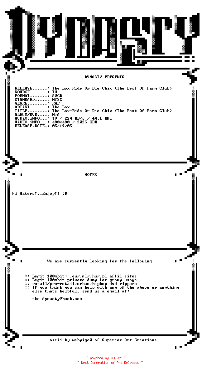 NFO for the release The_Lox-Ride_Or_Die_Chix-(The_Best_Of_Farm_Club)-SVCD-1999-DYNASTY by DYNASTY