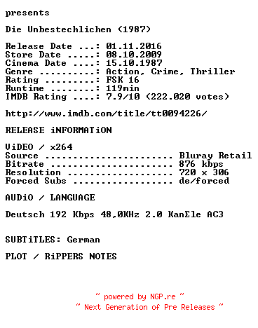NFO for the release Die.Unbestechlichen.German.1987.AC3.BDRip.x264.iNTERNAL-KULTFiLME by KULTFiLME