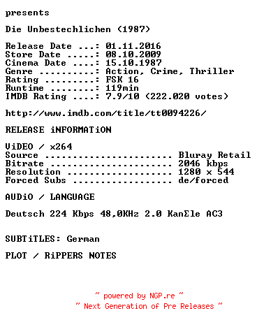 NFO for the release Die.Unbestechlichen.1987.German.720p.BluRay.x264.iNTERNAL-KULTFiLME by KULTFiLME