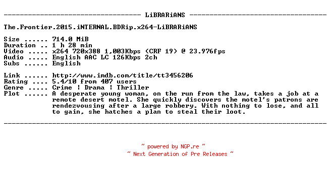 NFO for the release The.Frontier.2015.iNTERNAL.BDRip.x264-LiBRARiANS by LiBRARiANS