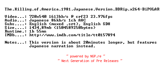 NFO for the release The.Killing.of.America.1981.Japanese.Version.BDRip.x264-BiPOLAR by BiPOLAR