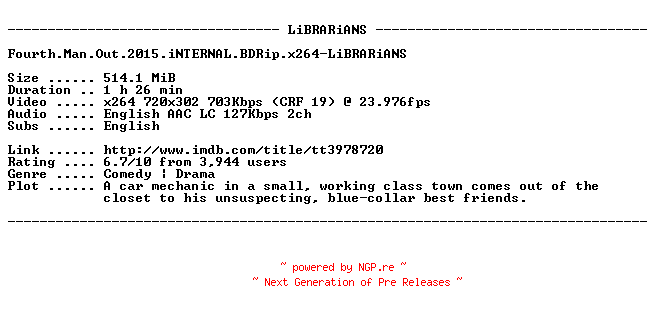 NFO for the release Fourth.Man.Out.2015.iNTERNAL.BDRip.x264-LiBRARiANS by LiBRARiANS