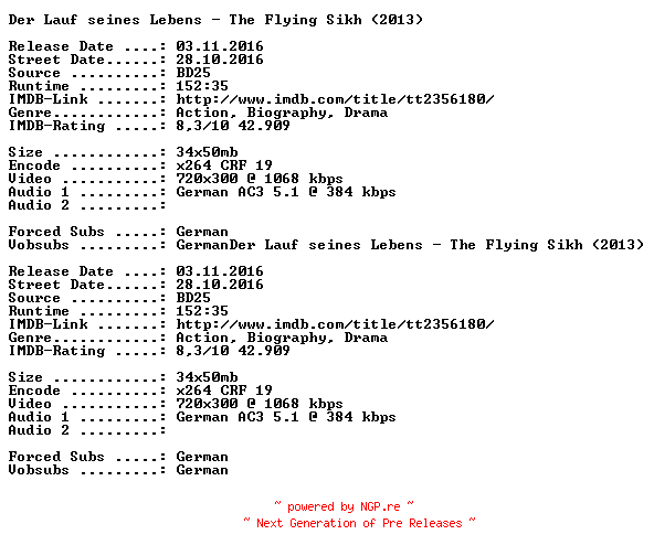 NFO for the release Der.Lauf.seines.Lebens.The.Flying.Sikh.German.2013.AC3.BDRip.x264-SPiCY by SPiCY