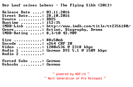 NFO for the release Der.Lauf.seines.Lebens.The.Flying.Sikh.2013.German.720p.BluRay.x264-SPiCY by SPiCY