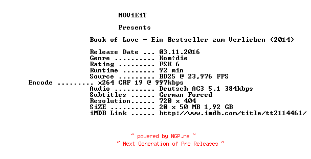 NFO for the release Book.of.Love.German.2014.AC3.BDRip.x264-MOViEiT by MOViEiT