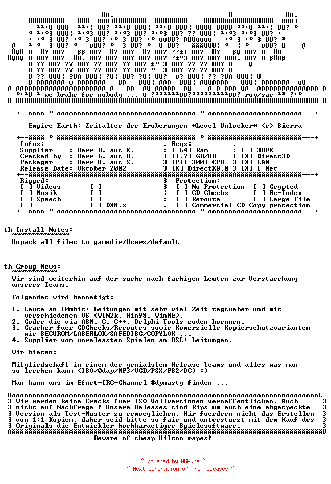 NFO for the release Empire.Earth.Zeitalter.Der.Eroberungen.GERMAN.Level.Unlocker-DYNASTY by DYNASTY
